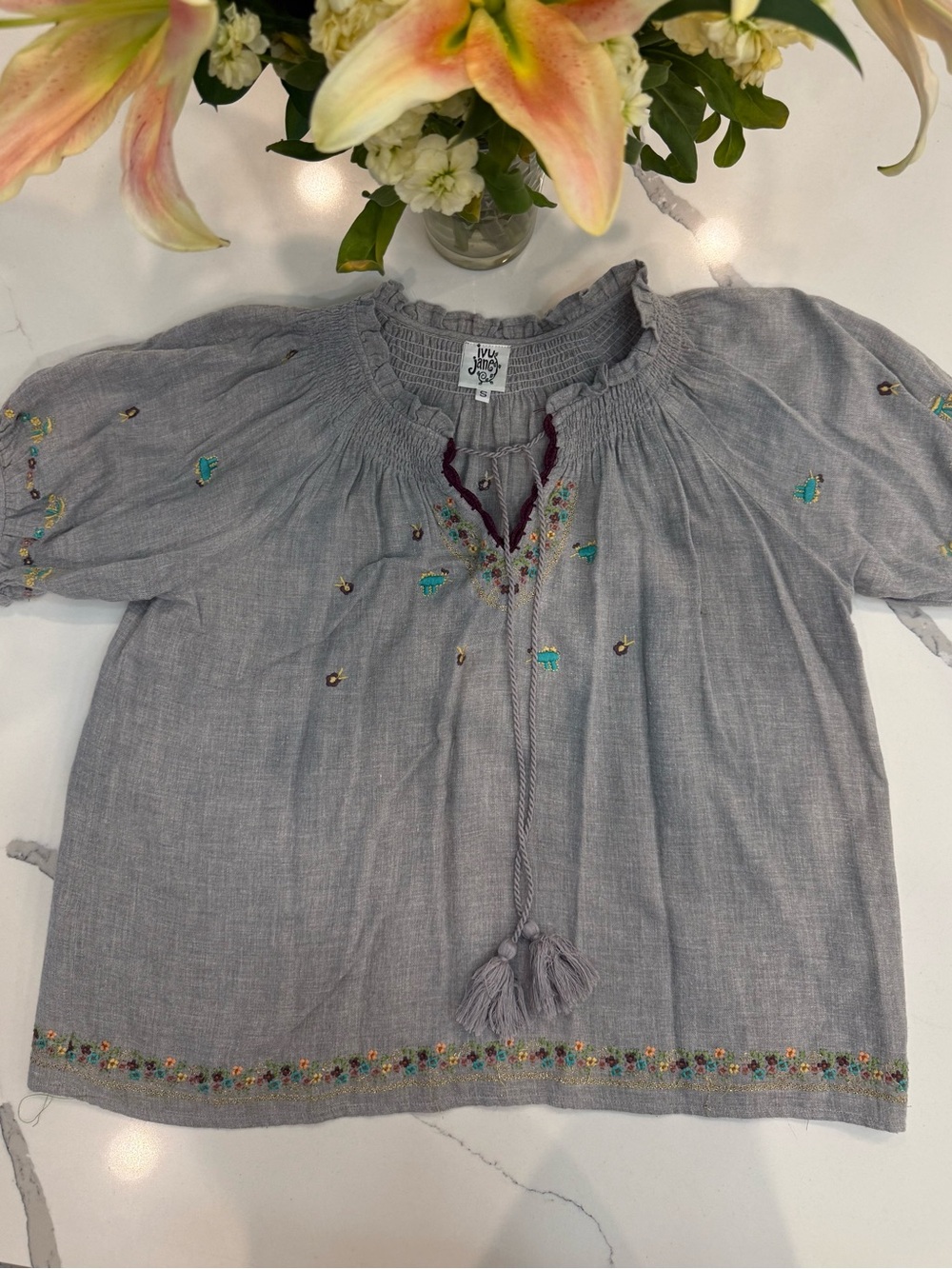 ivy jane Gray Embroidered Peasant Blouse with Turquoise Accents